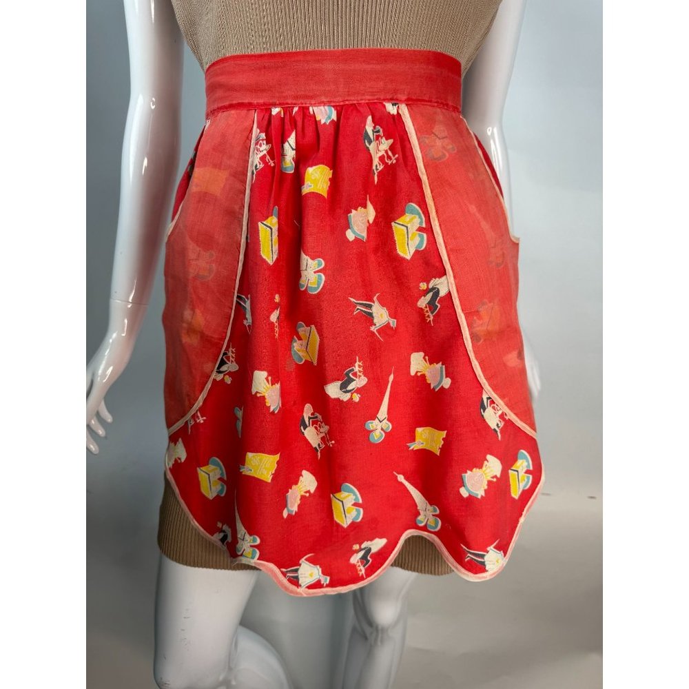 Vintage 60's Paris Scenes Apron with Pockets  OS Salmon Pink  Paris Cotton